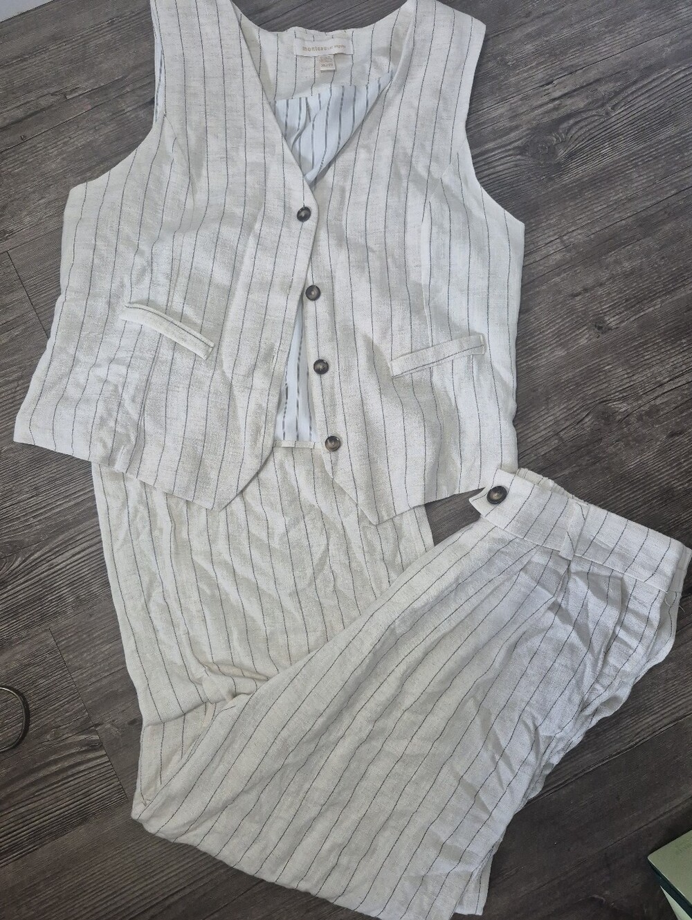 Monteau Los Angeles Striped Cream Linen Vest And Pant Set